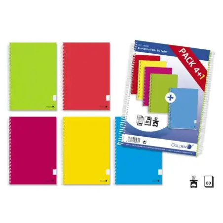 Golden Pack de 5 Cuadernos Espiral Folio 80 Hojas Cuadricula 4x4 - Margen Remarcado - Tapa Normal Plastificada - Colores Surtido