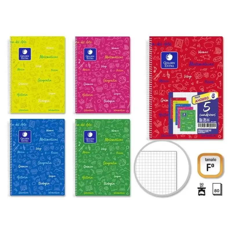 Golden Pack de 5 Cuadernos Asignatura Folio 80 Hojas 90gr Cuadricula 4x4 - Resistente - Tapa Plastica - Ideal para Estudiantes -