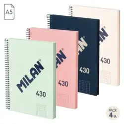 Milan Serie 1918 Pack de 4 Cuadernos Espiral Formato A5 Cuadricula 5x5mm - 80 Hojas de 95 gr/m2 - Microperforado, 2 Taladros - C