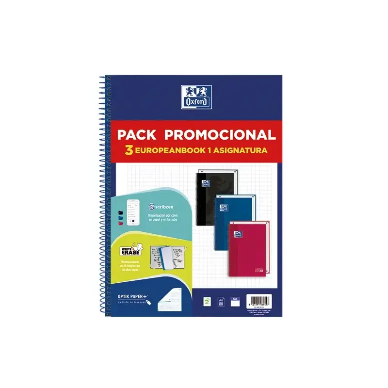 Oxford Europeanbook 1 Classic Pack de 3 Cuadernos Espiral Formato A4+ Cuadriculado 5x5mm - 80 Hojas 90gr - Tapa Extradura Tacto