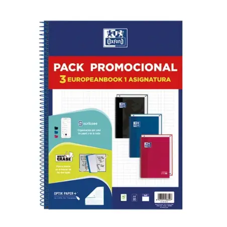 Oxford Europeanbook 1 Classic Pack de 3 Cuadernos Espiral Formato A4+ Cuadriculado 5x5mm - 80 Hojas 90gr - Tapa Extradura Tacto