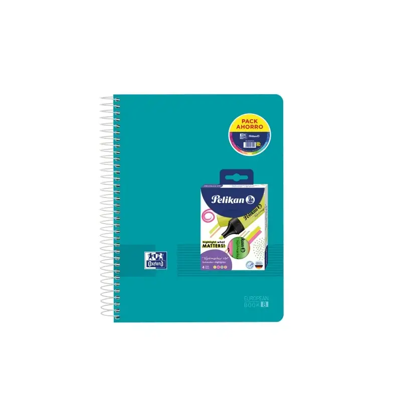 Oxford Europeanbook 8 Live & Go Pack de Cuaderno Espiral A4+ 160 Hojas Cuadricula 5x5 + 4 Marcadores Texmarker 490 Pelikan - 8 B
