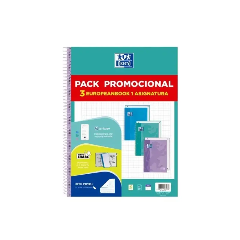 Oxford Europeanbook 1 Touch Pack de 3 Cuadernos Espiral Formato A4+ Cuadriculado 5x5mm - 80 Hojas 90gr - Tapa Extradura Tacto Su