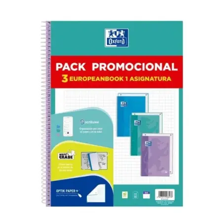 Oxford Europeanbook 1 Touch Pack de 3 Cuadernos Espiral Formato A4+ Cuadriculado 5x5mm - 80 Hojas 90gr - Tapa Extradura Tacto Su