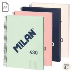 Milan Serie 1918 Pack de 4 Cuadernos Espiral Formato A4 Cuadricula 5x5mm - 80 Hojas de 95 gr/m2 - Microperforado, 4 Taladros - C