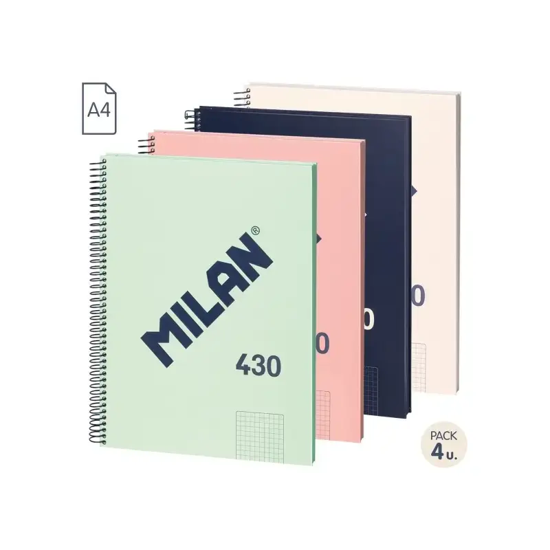 Milan Serie 1918 Pack de 4 Cuadernos Espiral Formato A4 Cuadricula 5x5mm - 80 Hojas de 95 gr/m2 - Microperforado, 4 Taladros - C