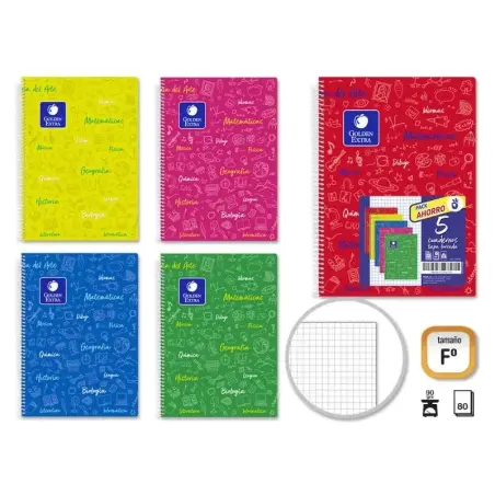 Golden Pack de 5 Cuadernos Folio 80 Hojas 90gr Cuadricula 4x4 - Resistente - Ideal para Estudiantes - Tapa Forrada - Colores Sur