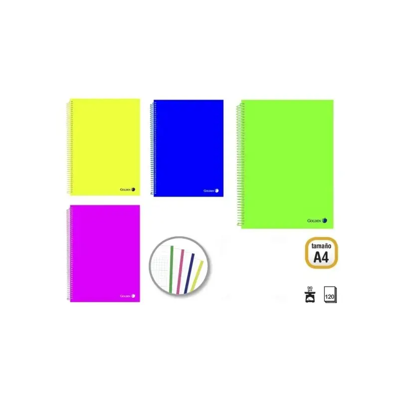 Golden Pack de 4 Cuadernos A4 120 Hojas 90gr Cuadricula 5x5 - Hojas Microperforadas con Banda de Color y 4 Taladros - Tapa Polip