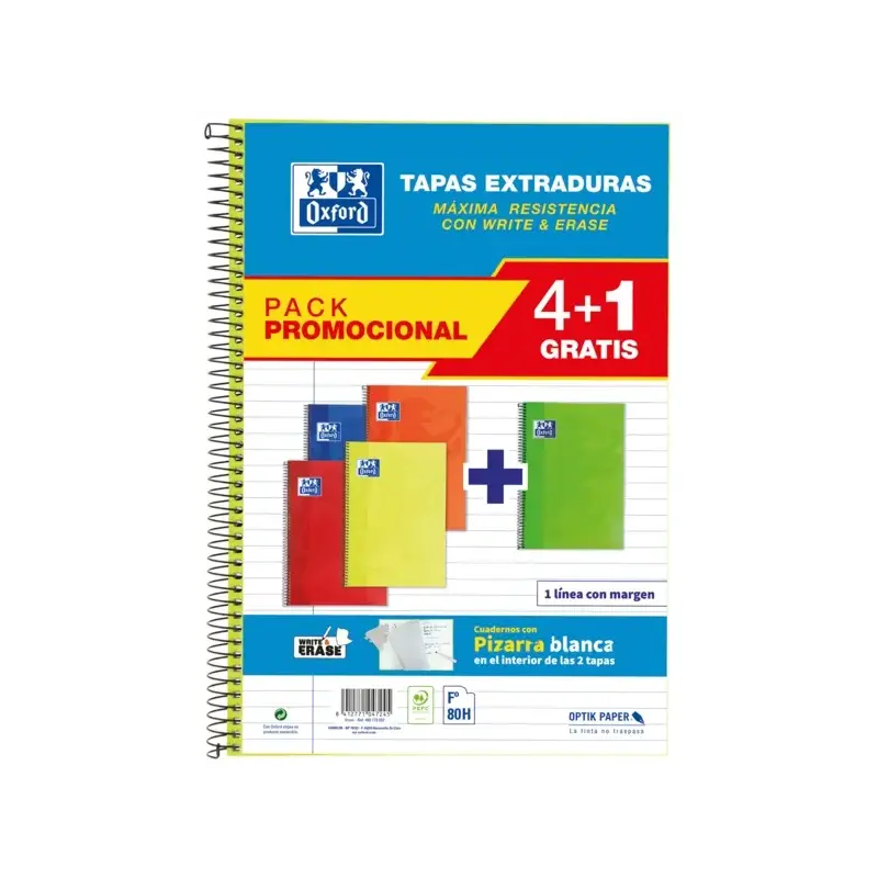 Oxford School Classic Write&Erase Pack 4+1 Fº - Cuaderno Espiral - Tapa Extradura - 1 Linea con Margen - 80 Hojas - Colores Surt