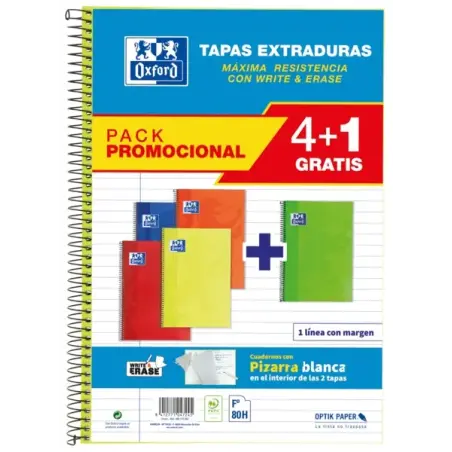 Oxford School Classic Write&Erase Pack 4+1 Fº - Cuaderno Espiral - Tapa Extradura - 1 Linea con Margen - 80 Hojas - Colores Surt