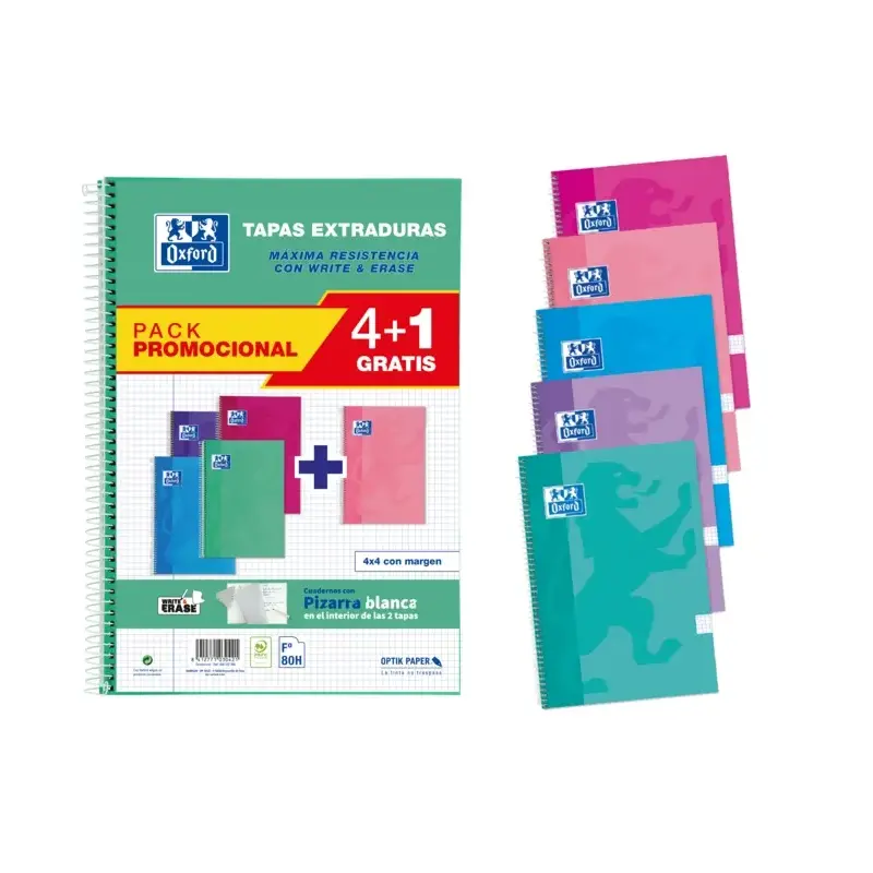Oxford School Write&Erase Pack 4+1 de Cuaderno Espiral 80 Hojas Cuadricula 4x4 con Margen - Tapa Extradura - Colores Surtidos |