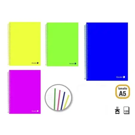 Golden Pack de 8 Cuadernos A5 120 Hojas 90gr Cuadricula 5x5 - Hojas Microperforadas con Banda de Color y 2 Taladros - Tapa Polip