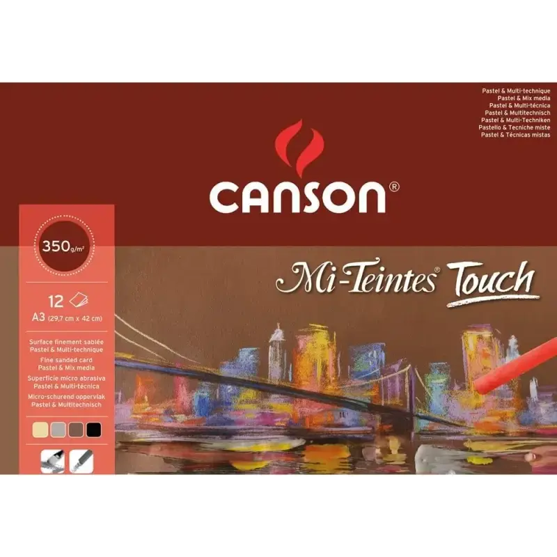 Canson Mi-Teintes Touch Bloc con 12 Hojas 350 g/m² - Tamaño 29.7 x 42cm - Superficie Microabrasiva Finamente Texturizada - Certi