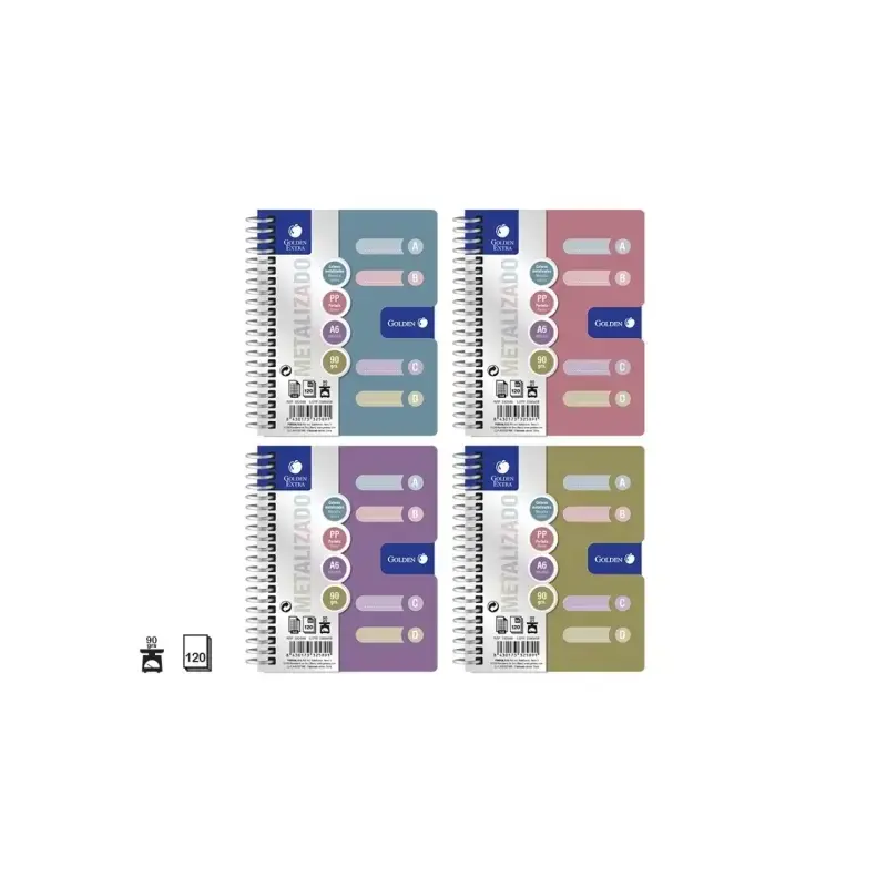 Golden Pack de 12 Cuadernos A6 120 Hojas 90gr Cuadricula 5x5 - Tapa Polipropileno - 4 Separadores - Colores Metalizados Surtidos