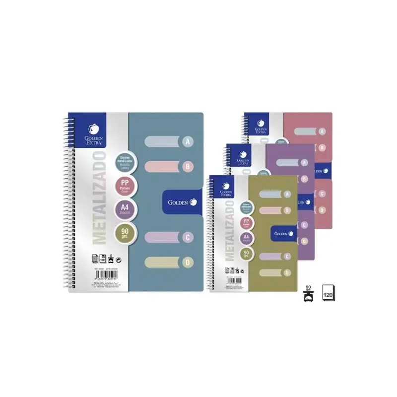 Golden Pack de 6 Cuadernos A4 120 Hojas 90gr Cuadricula 5x5 - 4 Separadores - Tapa Polipropileno - Colores Metalizados Surtidos