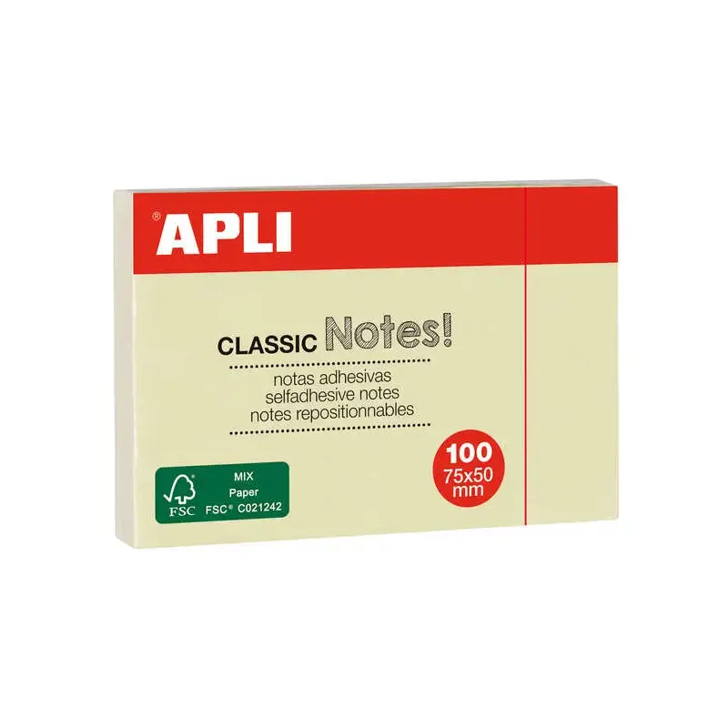 Apli Notas Adhesivas Classic 75x50mm Bloc 100 Hojas - Adhesivo de Calidad - Facil de Despegar - Ideal para Recordatorios - Amari