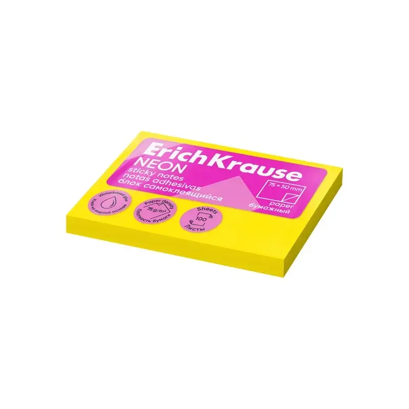 ErichKrause Bloc de 100 Notas Adhesivas 50x75mm - Removibles - Color Amarillo Neon | Ahorro Imprimiendo