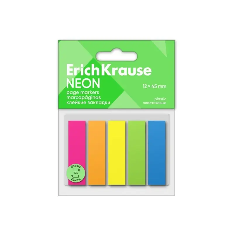 ErichKrause Pack de 5 Blocs de 25 Marcadores de Pagina de Plastico 12x45mm - Colores Amarillo, Azul, Naranja, Verde y Rosa Neon