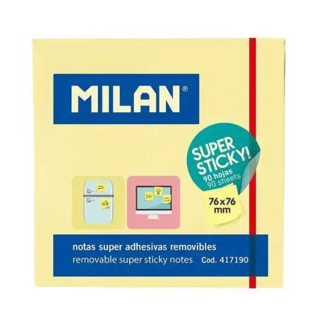 Milan Bloc de 90 Notas Super Adhesivas - Removibles - Mayor Permanencia - 76mm x 76mm - Color Amarillo Pastel | Ahorro Imprimien