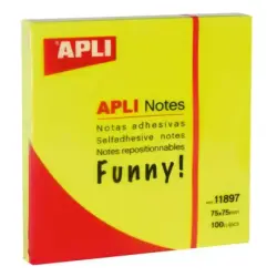 Apli Notas Adhesivas Funny 75x75mm - Bloc de 100 Hojas - Adhesivo de Calidad - Facil de Despegar - Color Amarillo Fluorescente |