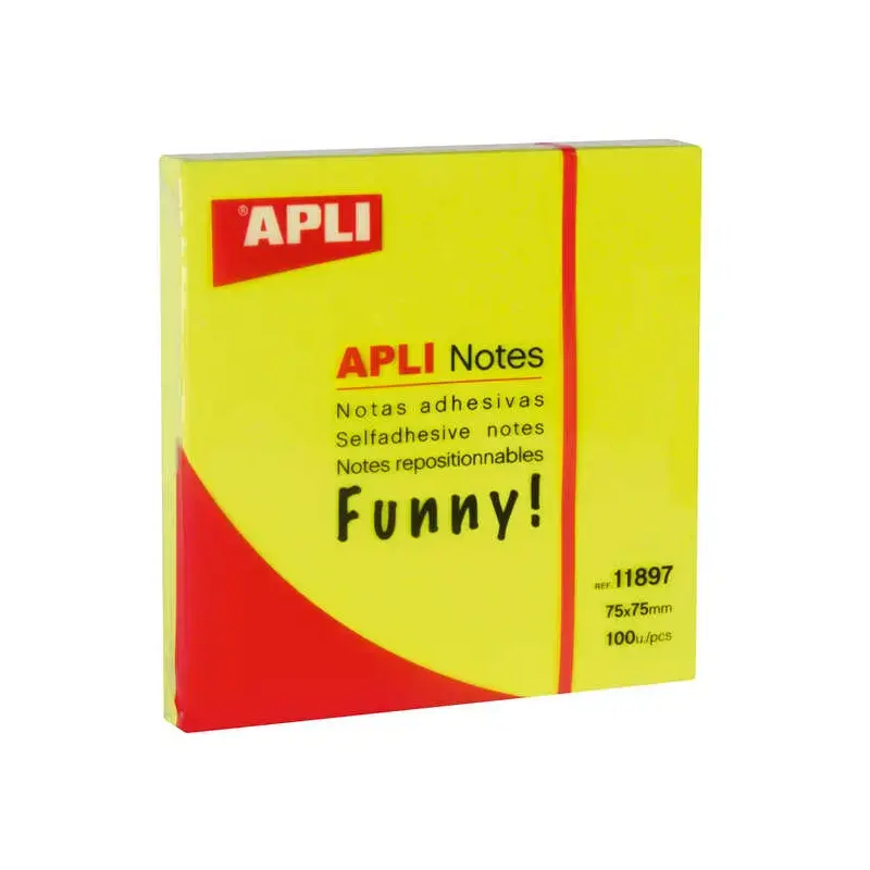 Apli Notas Adhesivas Funny 75x75mm - Bloc de 100 Hojas - Adhesivo de Calidad - Facil de Despegar - Color Amarillo Fluorescente |
