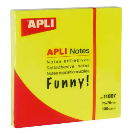 Apli Notas Adhesivas Funny 75x75mm - Bloc de 100 Hojas - Adhesivo de Calidad - Facil de Despegar - Color Amarillo Fluorescente |