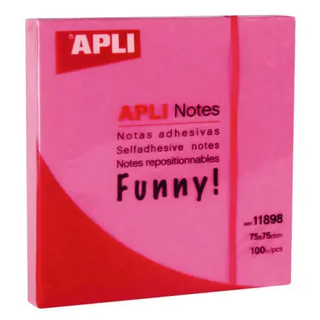 Apli Funny Bloc de 100 Notas Adhesivas 75x75mm - Adhesivo de Calidad - Facil de Despegar - Color Rosa Fluor | Ahorro Imprimiendo
