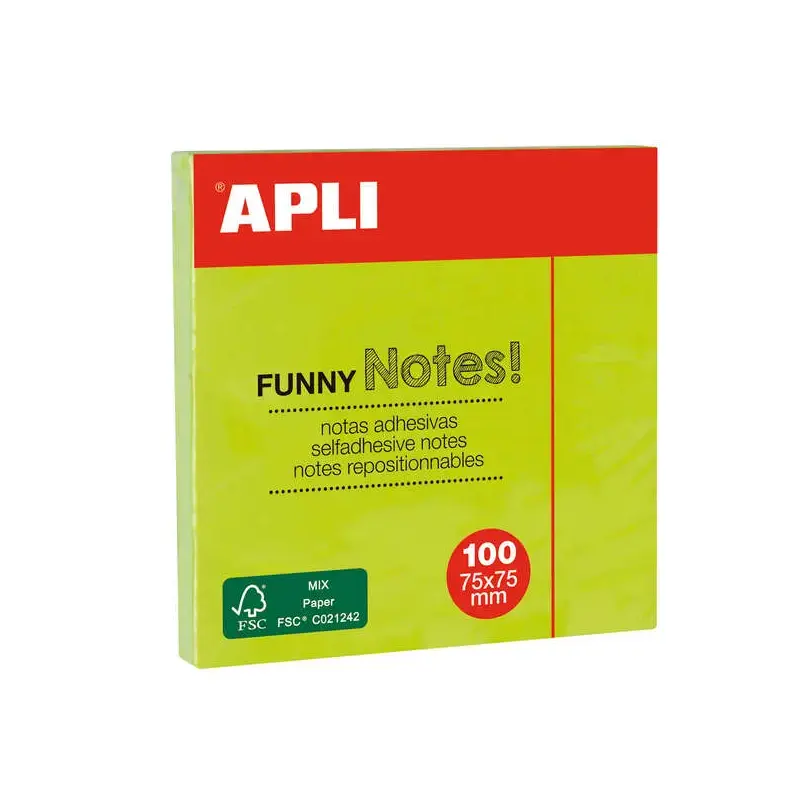 Apli Notas Adhesivas Funny 75x75mm - Bloc de 100 Hojas - Adhesivo de Calidad - Facil de Despegar - Color Verde Fluorescente | Ah