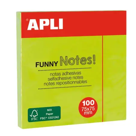 Apli Notas Adhesivas Funny 75x75mm - Bloc de 100 Hojas - Adhesivo de Calidad - Facil de Despegar - Color Verde Fluorescente | Ah
