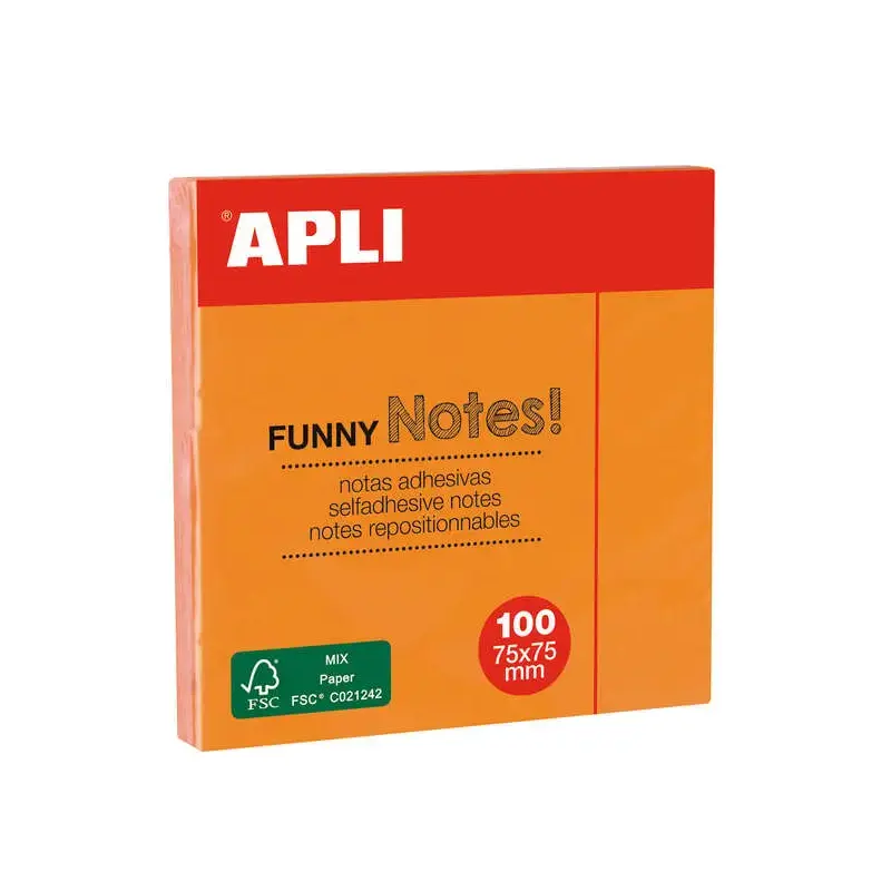 Apli Bloc de 100 Notas Adhesivas Funny 75x75mm - Adhesivo de Calidad - Color Naranja Fluorescente | Ahorro Imprimiendo