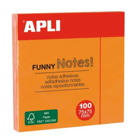 Apli Bloc de 100 Notas Adhesivas Funny 75x75mm - Adhesivo de Calidad - Color Naranja Fluorescente | Ahorro Imprimiendo