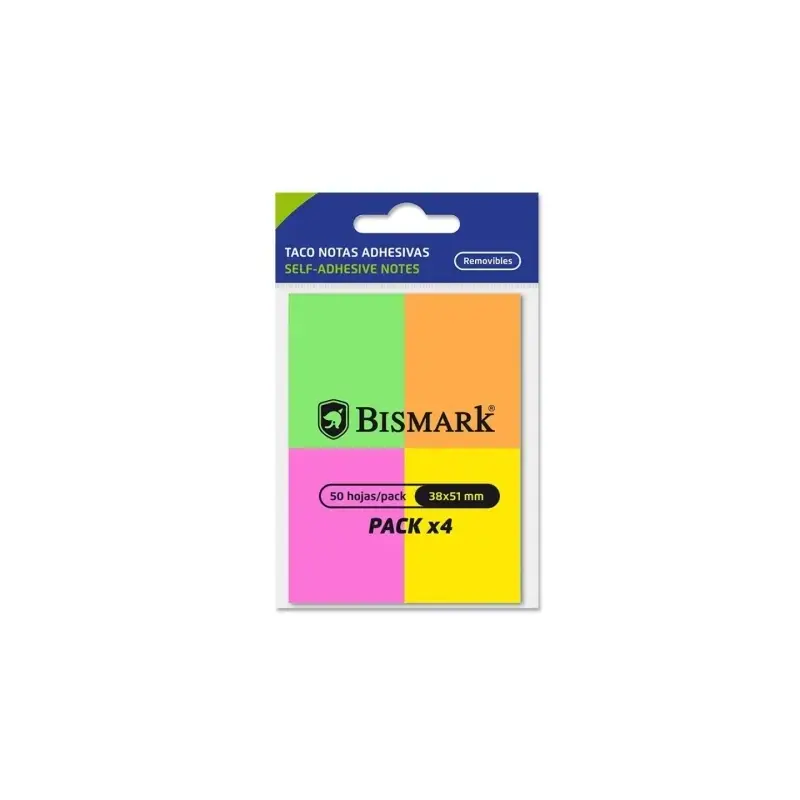 Bismark Pack de 4 Blocs de 50 Notas Adhesivas 38x51mm - 4 Colores Neon | Ahorro Imprimiendo