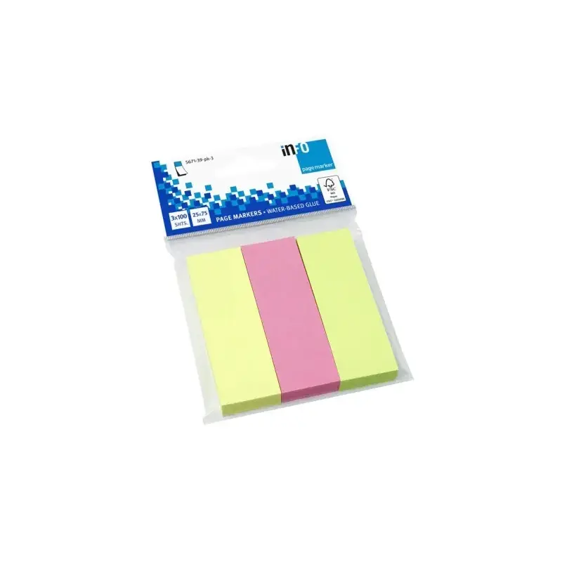 Global Notes inFO Pack de 3 Blocs de 100 Marcadores de Pagina 75 x 25mm - Certificacion FSC™ - Colores Amarillo, Verde y Rosa |