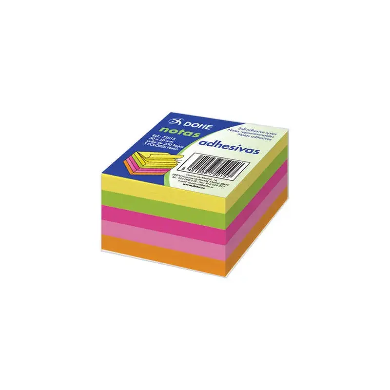 Dohe Cubo de 250 Notas Reposicionables - Tamaño 50x50mm - Papel de 75gr - Ideal para Oficina y Escuela - Colores Neon Surtidos |