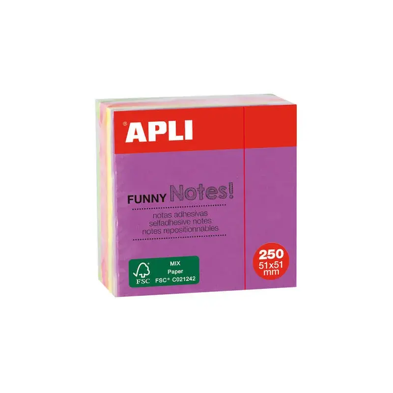 Apli Mini-Cubo con 250 Notas Adhesivas Funny 51x51mm - 5 Colores Surtidos Fluorescentes - Divertidas y Practicas | Ahorro Imprim