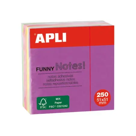 Apli Mini-Cubo con 250 Notas Adhesivas Funny 51x51mm - 5 Colores Surtidos Fluorescentes - Divertidas y Practicas | Ahorro Imprim