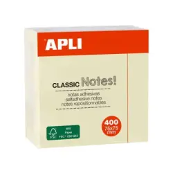 Apli Notas Adhesivas Classic 75x75mm - Cubo de 400 Hojas - Adhesivo de Calidad - Facil de Despegar - Amarillo | Ahorro Imprimien