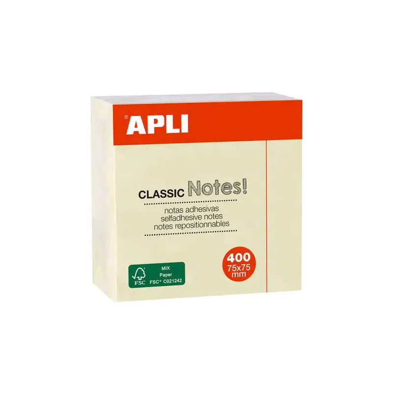 Apli Notas Adhesivas Classic 75x75mm - Cubo de 400 Hojas - Adhesivo de Calidad - Facil de Despegar - Amarillo | Ahorro Imprimien