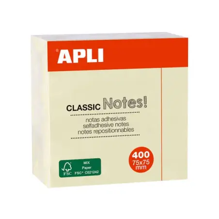 Apli Notas Adhesivas Classic 75x75mm - Cubo de 400 Hojas - Adhesivo de Calidad - Facil de Despegar - Amarillo | Ahorro Imprimien