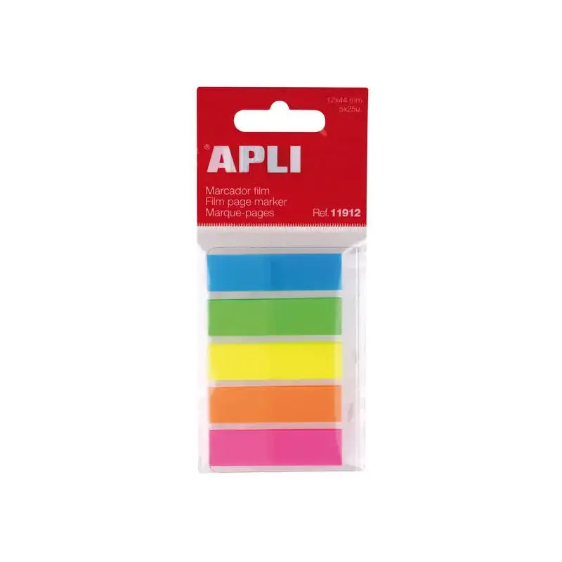 Apli Indices Adhesivos Film 45x12mm 5 Colores Fluorescentes - 25 Indices por Color - Facil de Pegar y Despegar - Ideal para Marc