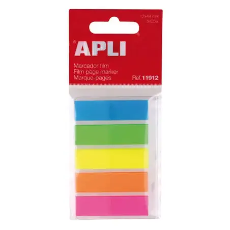 Apli Indices Adhesivos Film 45x12mm 5 Colores Fluorescentes - 25 Indices por Color - Facil de Pegar y Despegar - Ideal para Marc