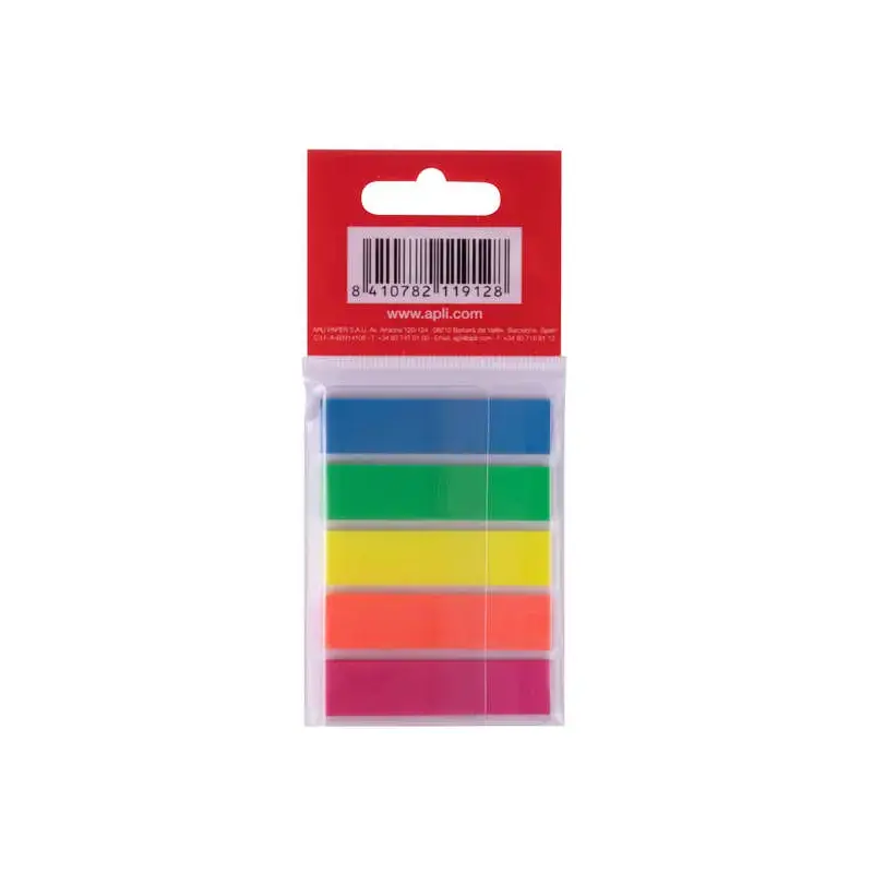 Apli Indices Adhesivos Film 45x12mm 5 Colores Fluorescentes - 25 Indices por Color - Facil de Pegar y Despegar - Ideal para Marc
