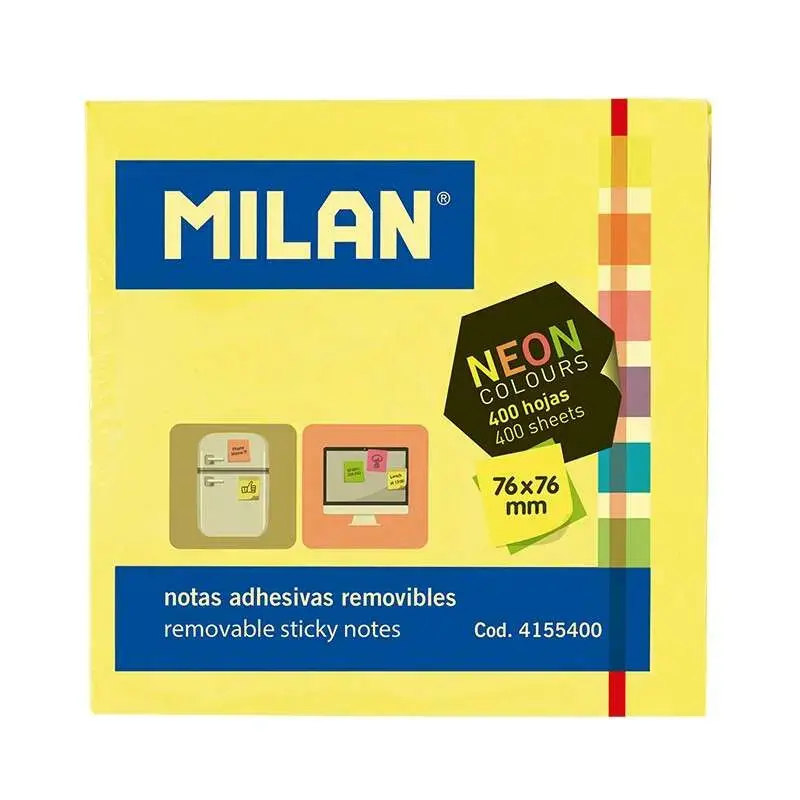 Milan Bloc de 400 Notas Adhesivas Neon - Removibles - 76mm x 76mm - Colores Surtidos | Ahorro Imprimiendo