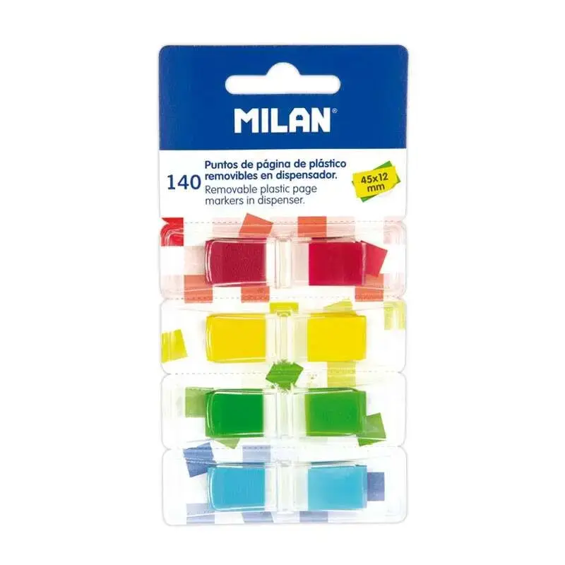 Milan Bloc de 140 Puntos de Pagina de Colores Transparentes - Plastico - Removibles - Medidas 45mm x 12mm - Colores Surtidos | A