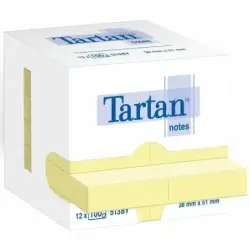 Tartan Pack de 12 Blocs de 100 Notas Adhesivas Reposicionables 51x38mm - 100% PEFC - Color Amarillo Claro | Ahorro Imprimiendo