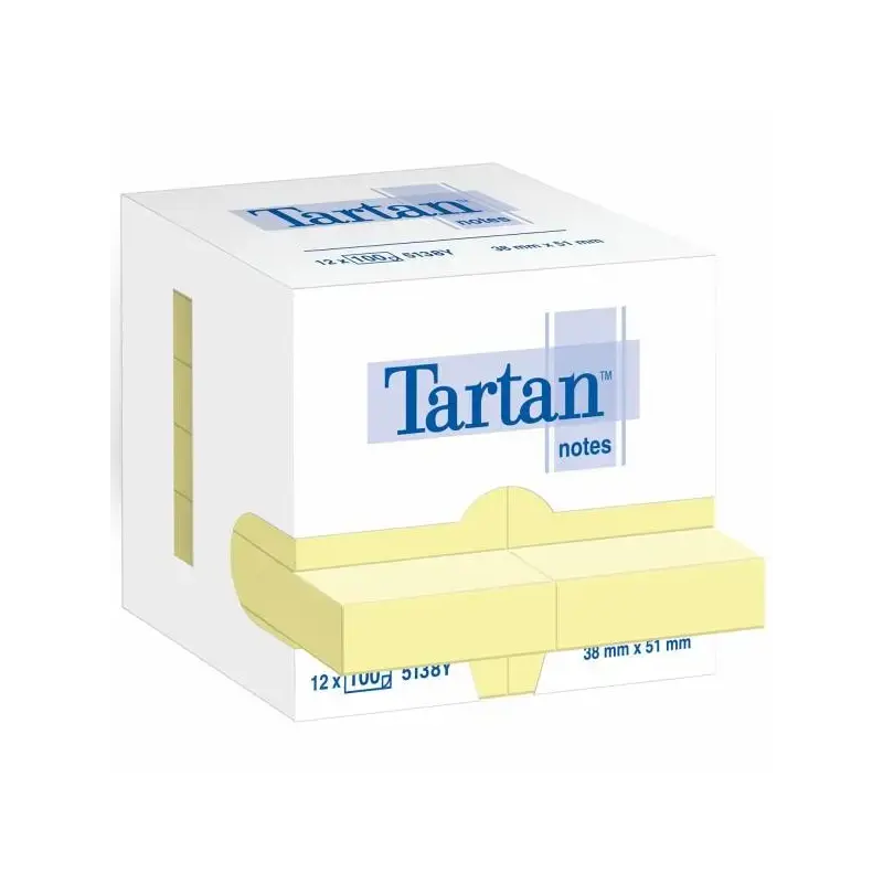 Tartan Pack de 12 Blocs de 100 Notas Adhesivas Reposicionables 51x38mm - 100% PEFC - Color Amarillo Claro | Ahorro Imprimiendo