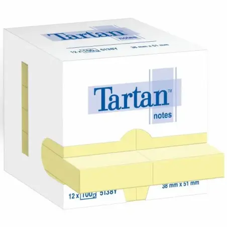 Tartan Pack de 12 Blocs de 100 Notas Adhesivas Reposicionables 51x38mm - 100% PEFC - Color Amarillo Claro | Ahorro Imprimiendo
