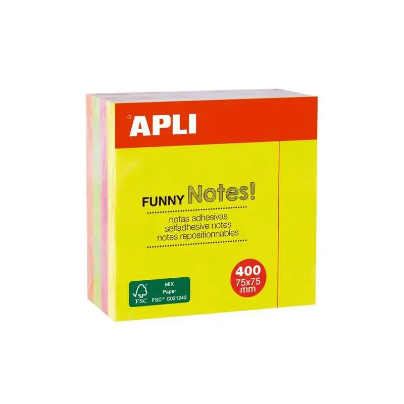 Apli Funny Cubo de 400 Notas Adhesivas 75 x 75 mm - Colores Surtidos Fluorescentes | Ahorro Imprimiendo