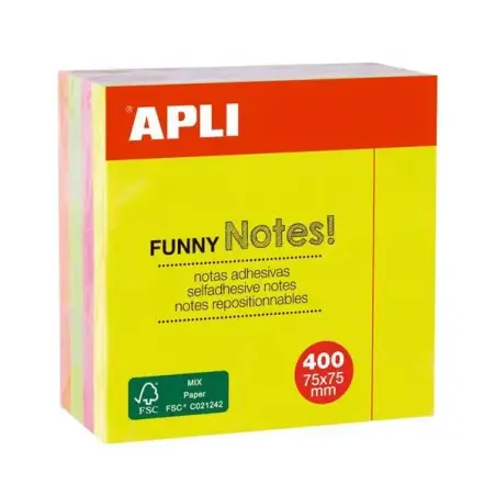 Apli Funny Cubo de 400 Notas Adhesivas 75 x 75 mm - Colores Surtidos Fluorescentes | Ahorro Imprimiendo