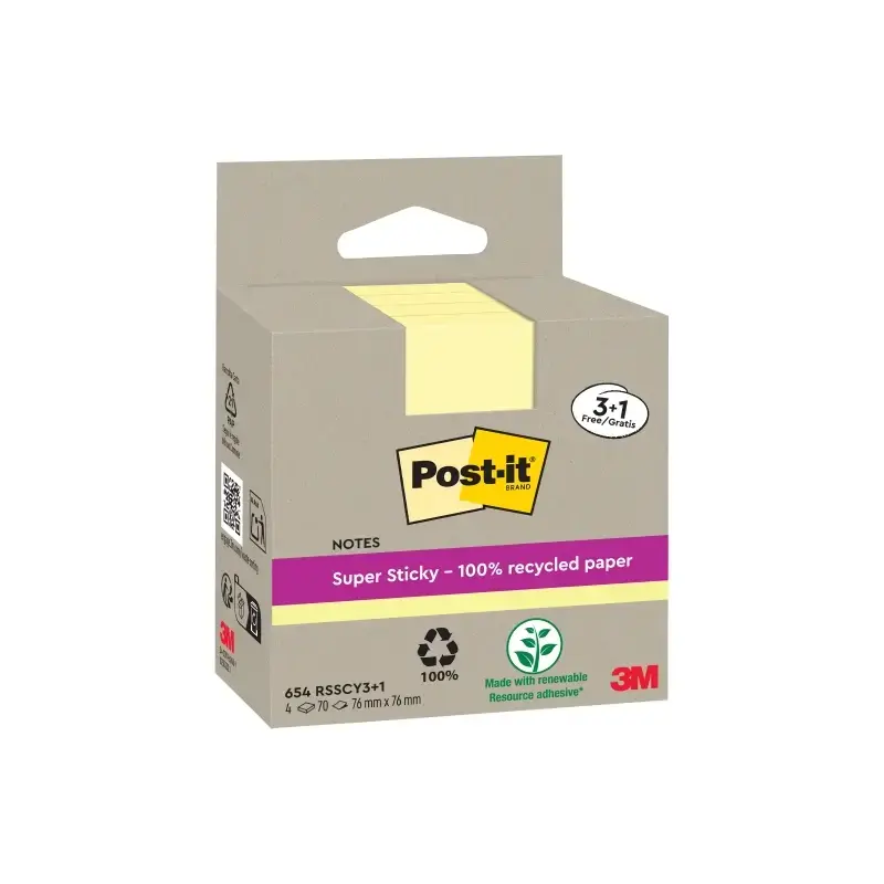 Post-It Super Sticky Pack de 4 Blocs de 70 Notas Adhesivas Recicladas - Forma Cuadrada - 76x76mm - Color Amarillo Claro | Ahorro